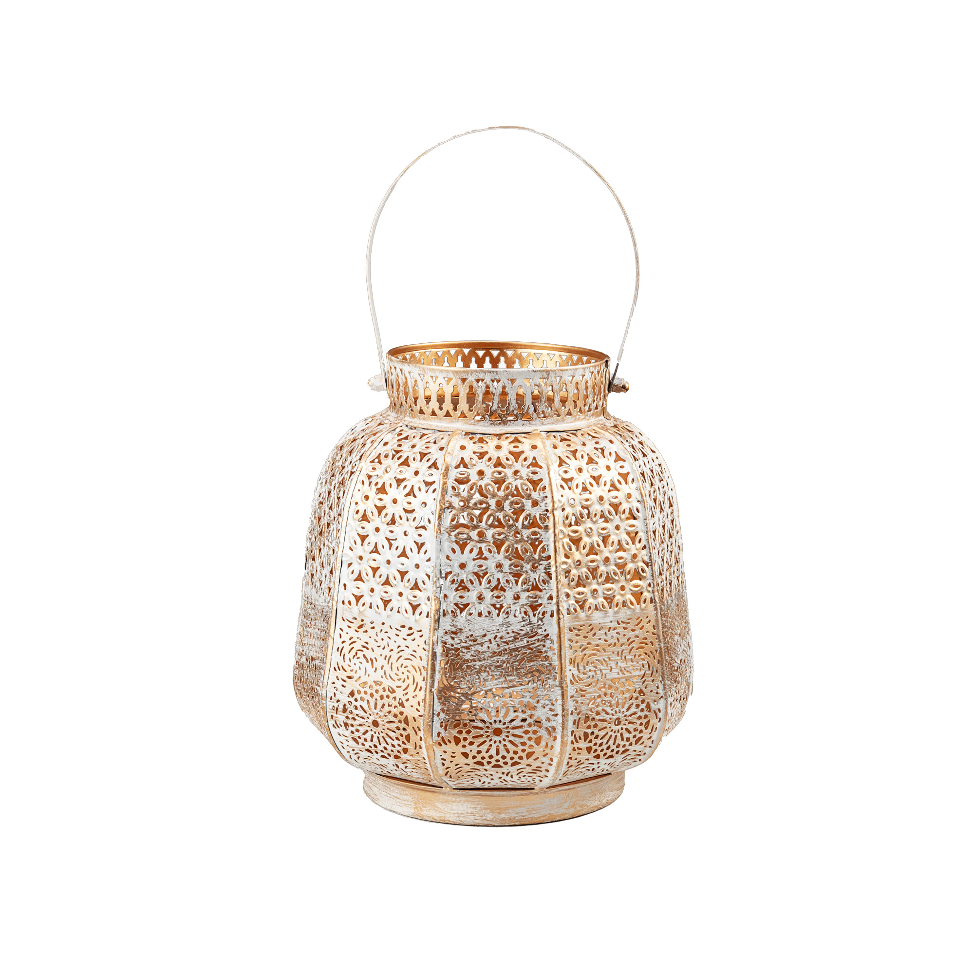 Metal lantern with handle 20×20×H23cm White and gold